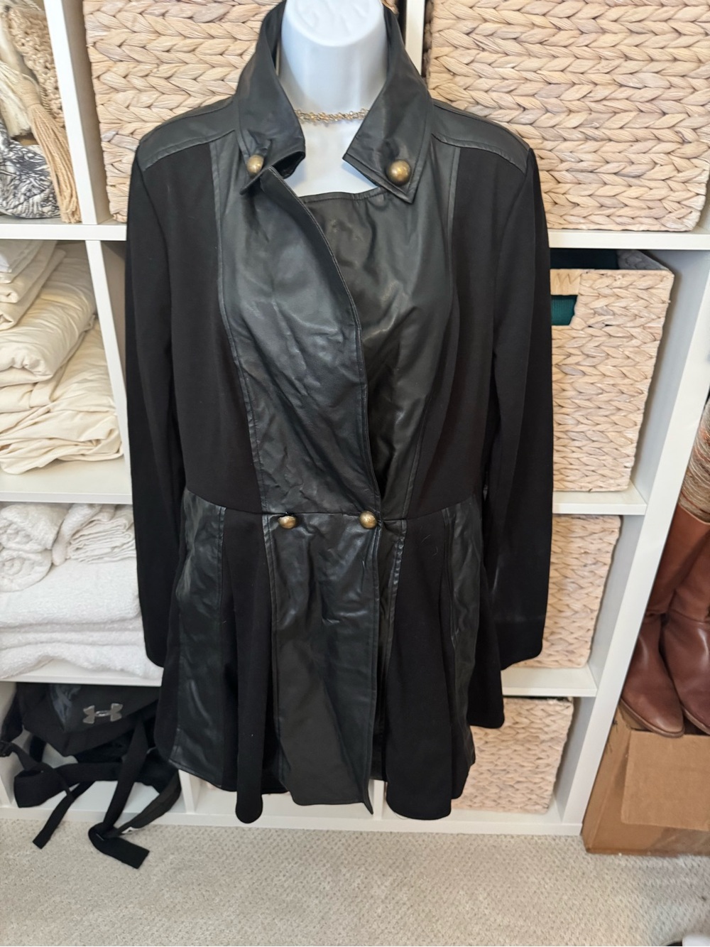 VENUS Black Mixed-Media Faux Leather Peplum Jacket